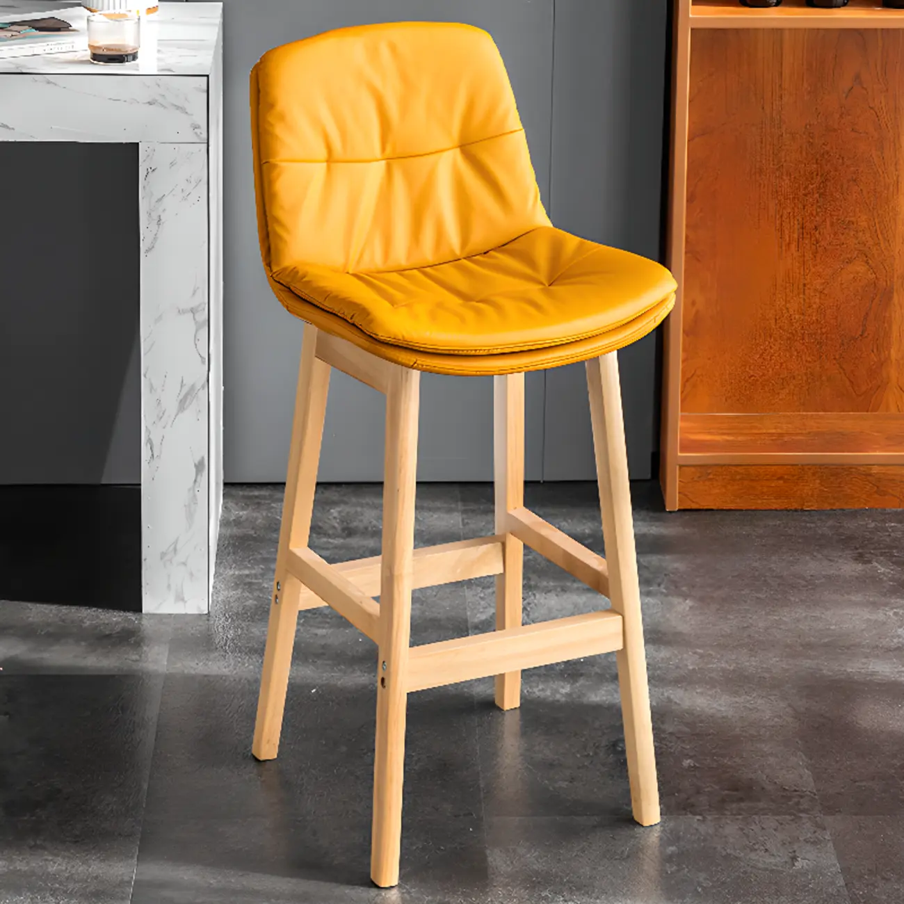 Saddle Upholstered Wood Leather Bar Stools with Backs Image - 7 | homeyfad