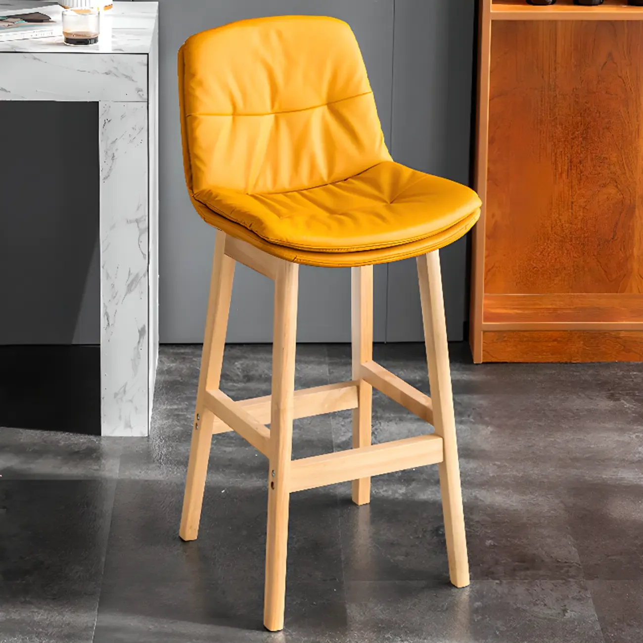 Saddle Upholstered Wood Leather Bar Stools with Backs Image - 7