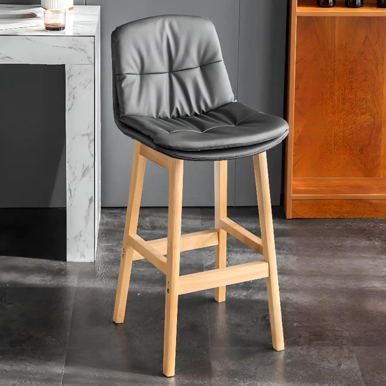 Saddle Upholstered Wood Leather Bar Stools with Backs Image - 8