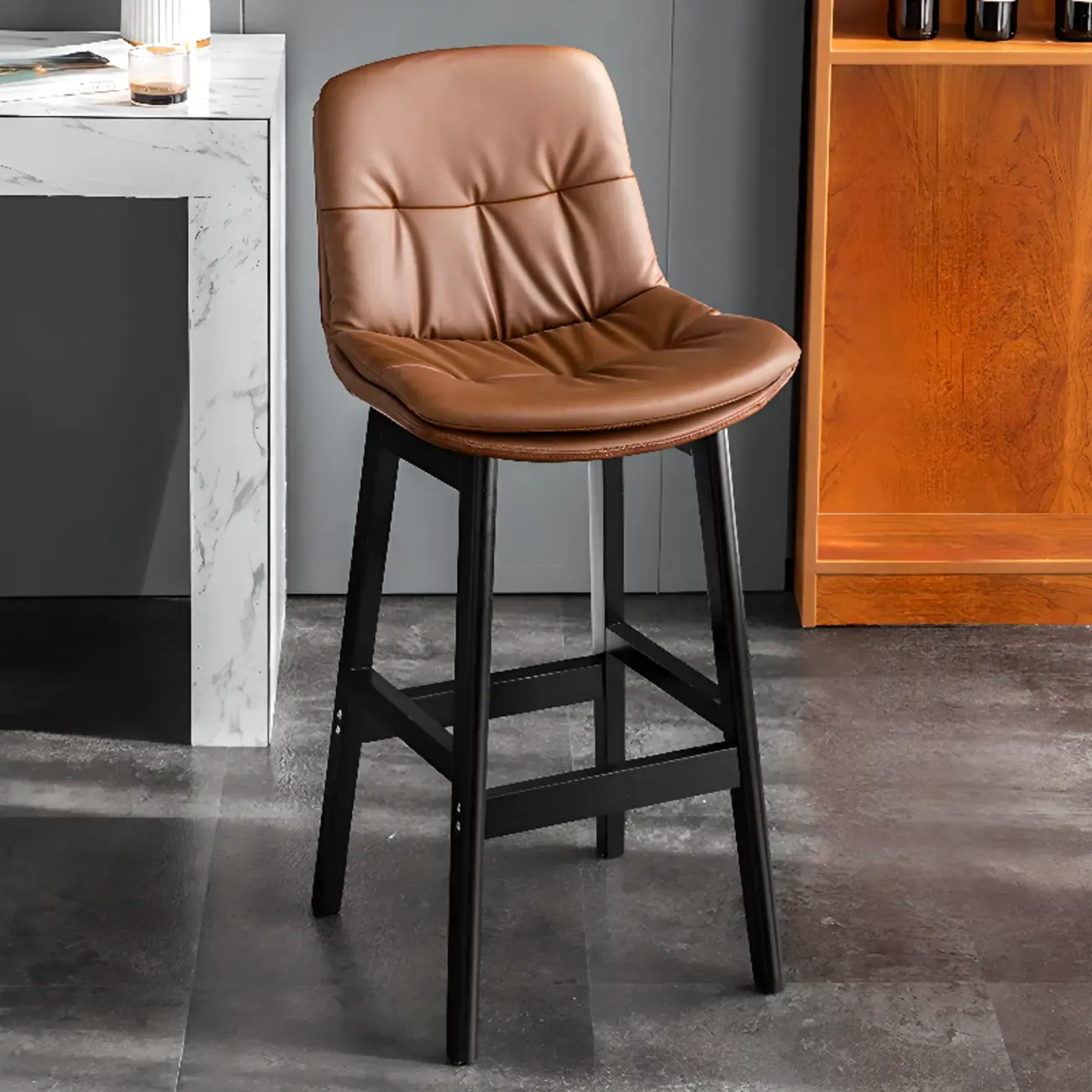 Saddle Upholstered Wood Leather Bar Stools with Backs Image - 13