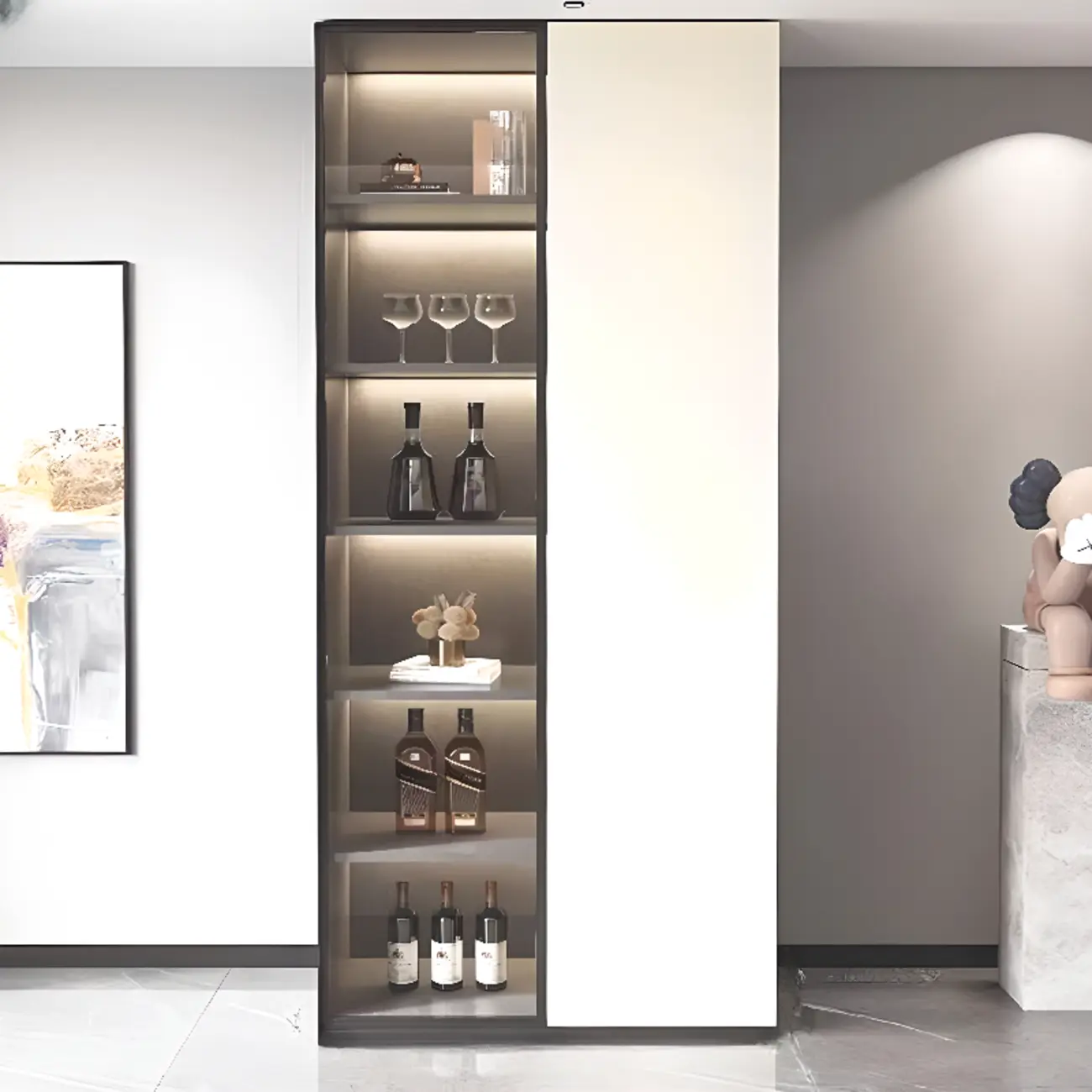 White Rectangular Multi-Shelves Glass Wood Wine Cabinet Image - 1 | homeyfad