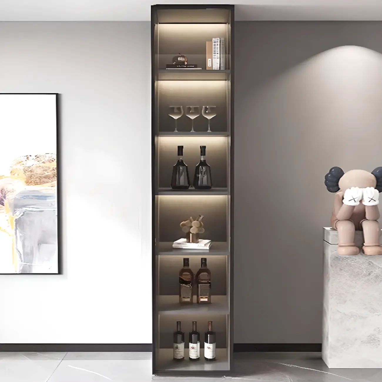 White Rectangular Multi-Shelves Glass Wood Wine Cabinet Image - 2 | homeyfad