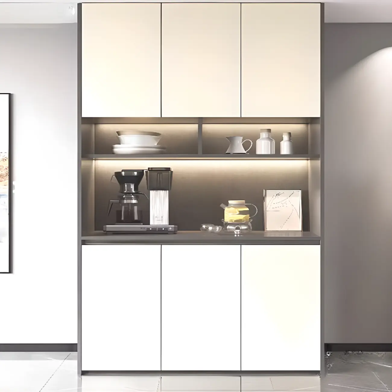 White Rectangular Multi-Shelves Glass Wood Wine Cabinet Image - 3 | homeyfad