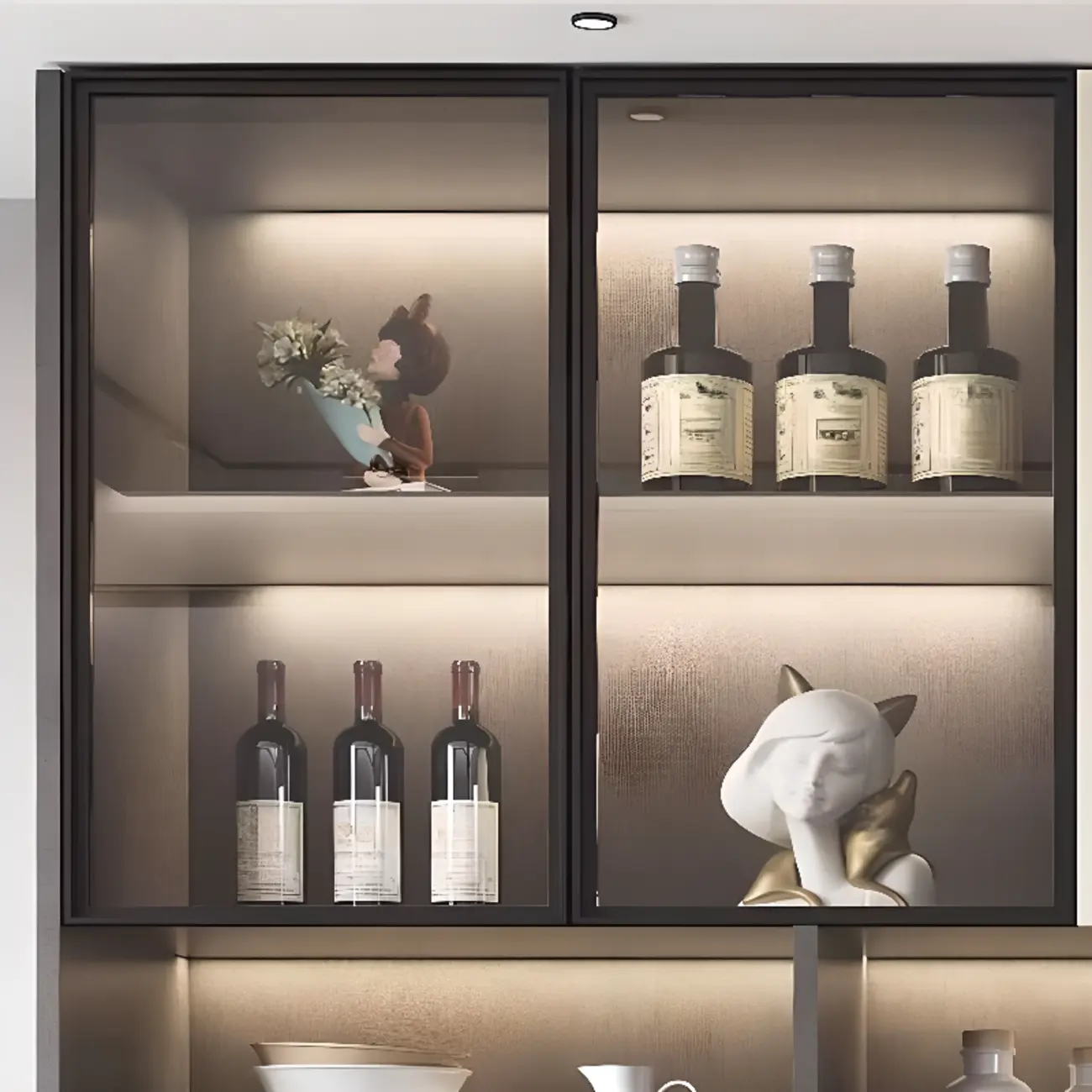 White Rectangular Multi-Shelves Glass Wood Wine Cabinet Image - 4 | homeyfad
