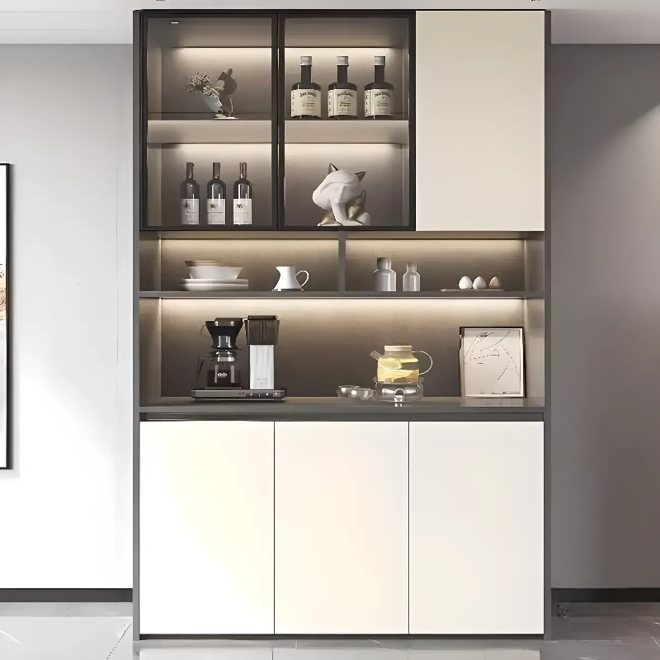 White Rectangular Multi-Shelves Glass Wood Wine Cabinet Image - 5