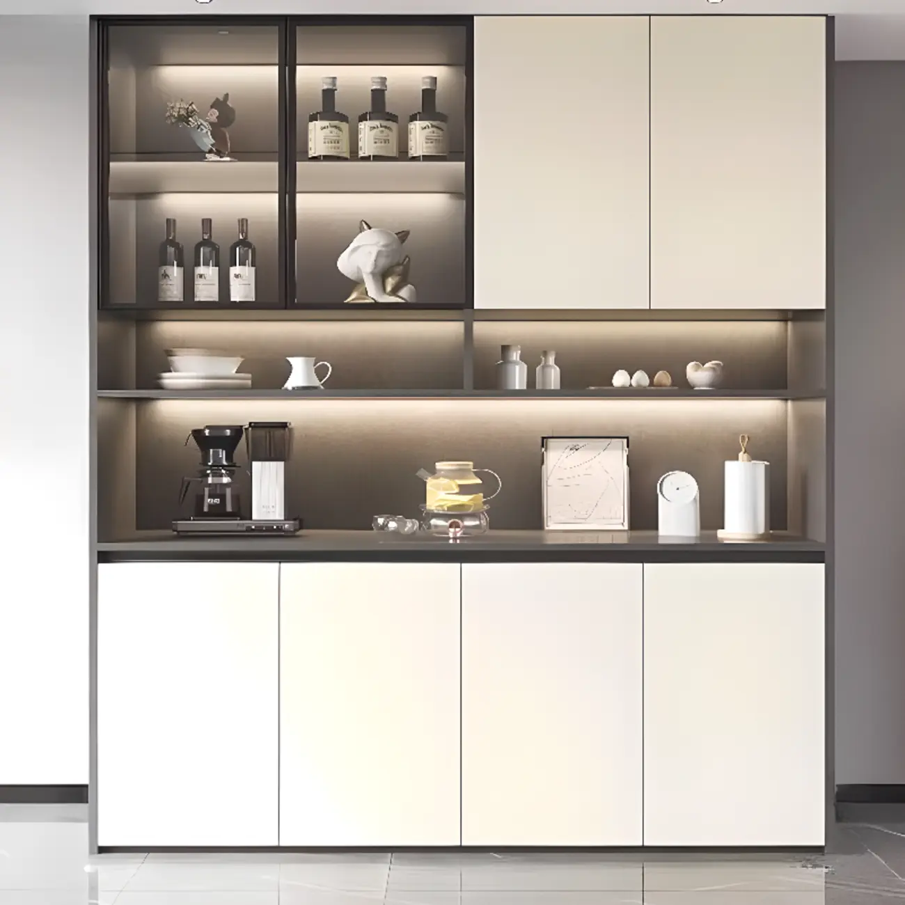 White Rectangular Multi-Shelves Glass Wood Wine Cabinet Image - 7 | homeyfad