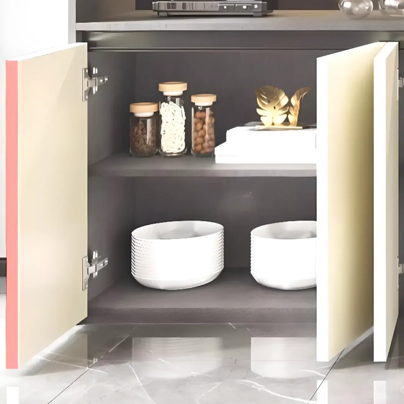 White Rectangular Multi-Shelves Glass Wood Wine Cabinet Image - 8