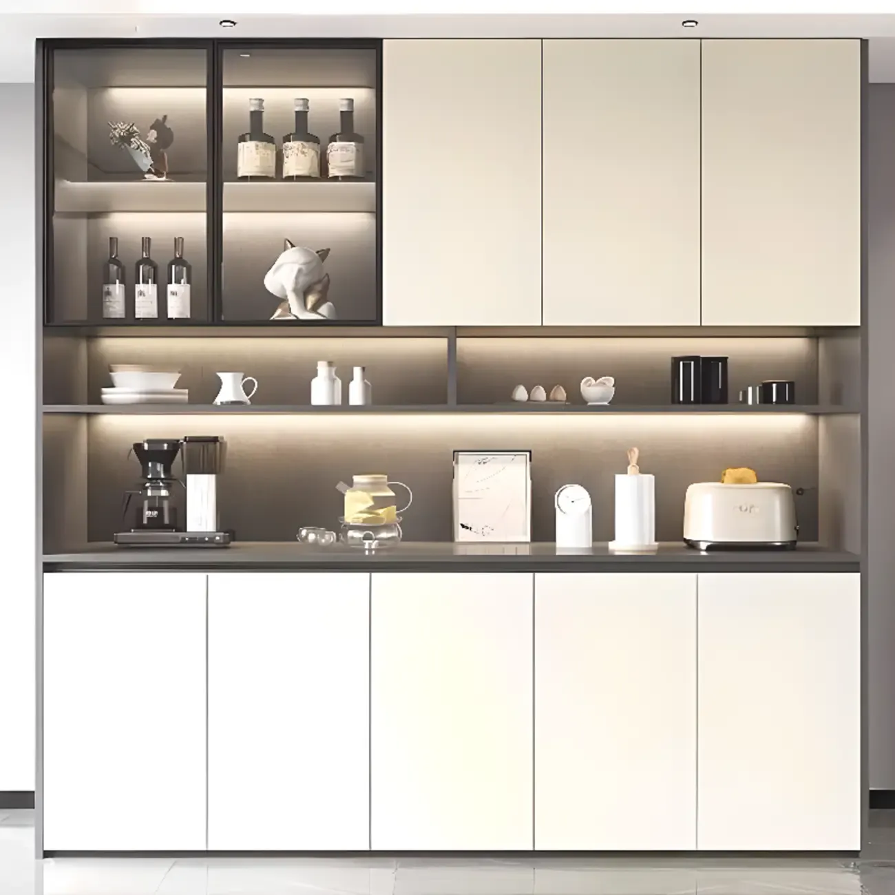 White Rectangular Multi-Shelves Glass Wood Wine Cabinet Image - 9