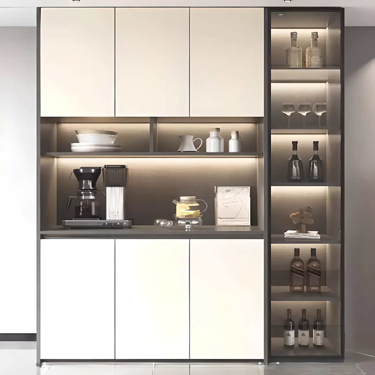 White Rectangular Multi-Shelves Glass Wood Wine Cabinet Image - 12 | homeyfad