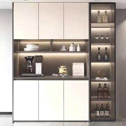 White Rectangular Multi-Shelves Glass Wood Wine Cabinet Image - 12