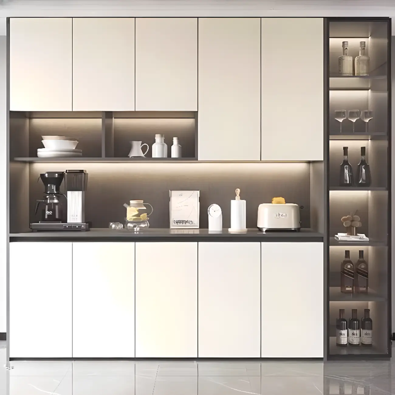 White Rectangular Multi-Shelves Glass Wood Wine Cabinet Image - 14 | homeyfad
