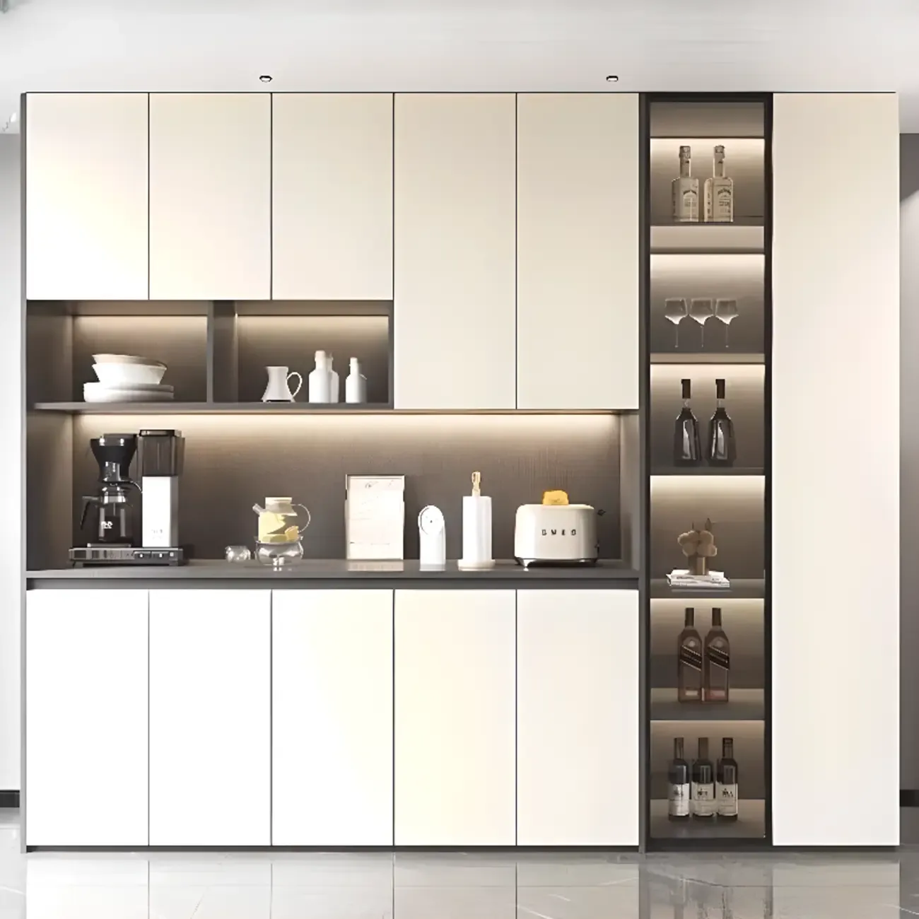 White Rectangular Multi-Shelves Glass Wood Wine Cabinet Image - 15