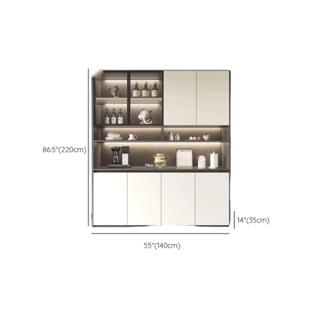 White Rectangular Multi-Shelves Glass Wood Wine Cabinet Image - 20