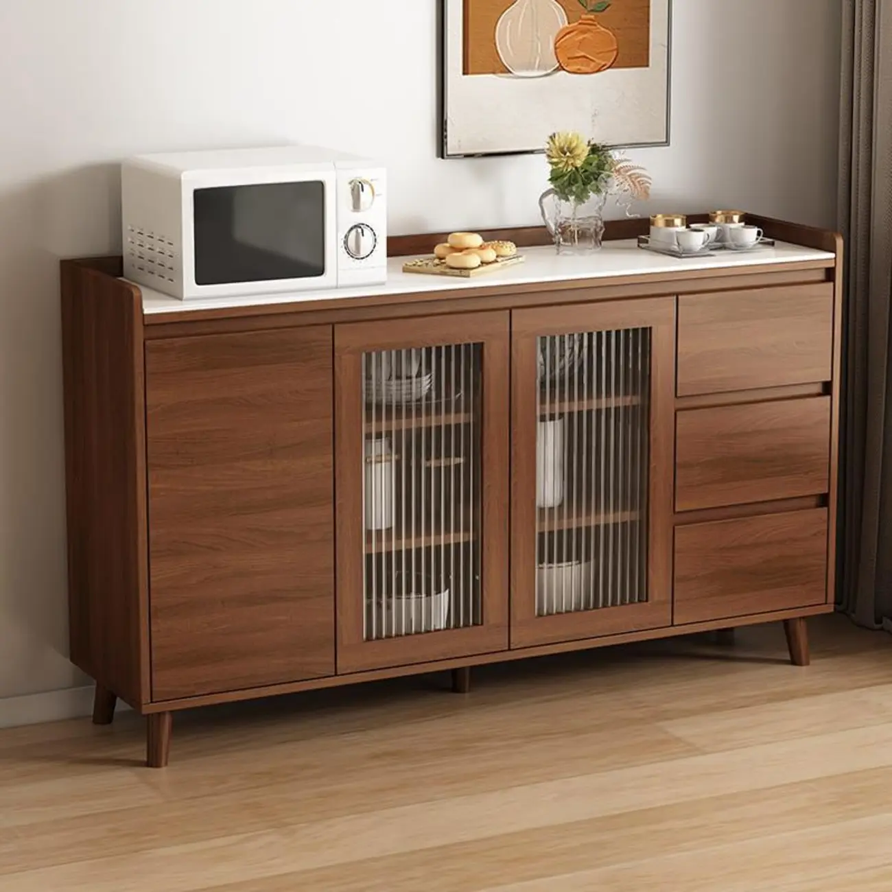 Freestanding Brown Stone-Top Cocoa Wood Sideboard with Doors Image - 1 | homeyfad