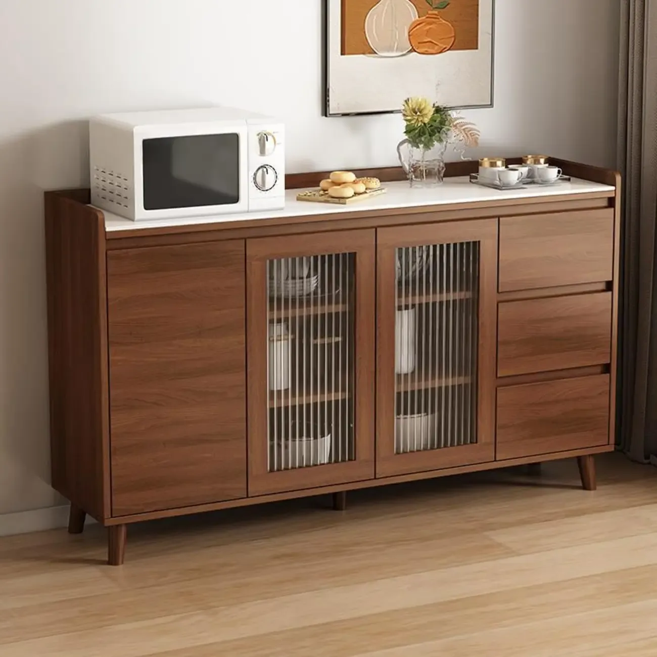 Freestanding Brown Stone-Top Cocoa Wood Sideboard with Doors Image - 1