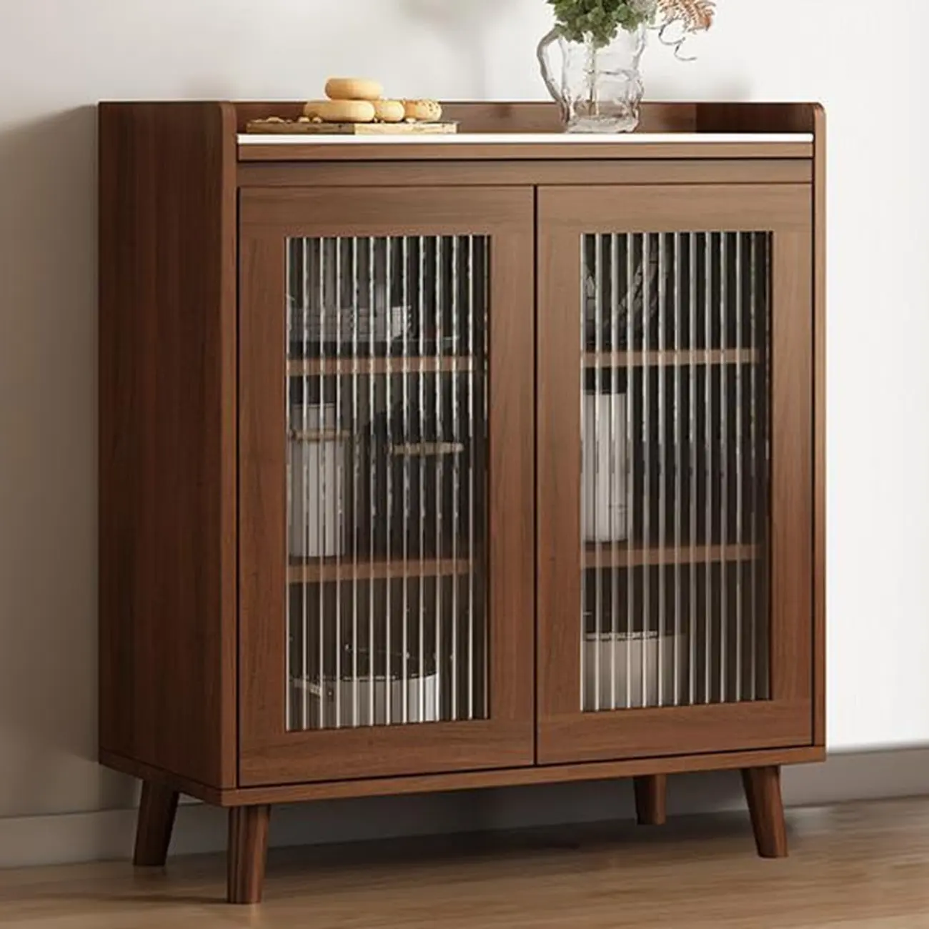 Freestanding Brown Stone-Top Cocoa Wood Sideboard with Doors Image - 2 | homeyfad