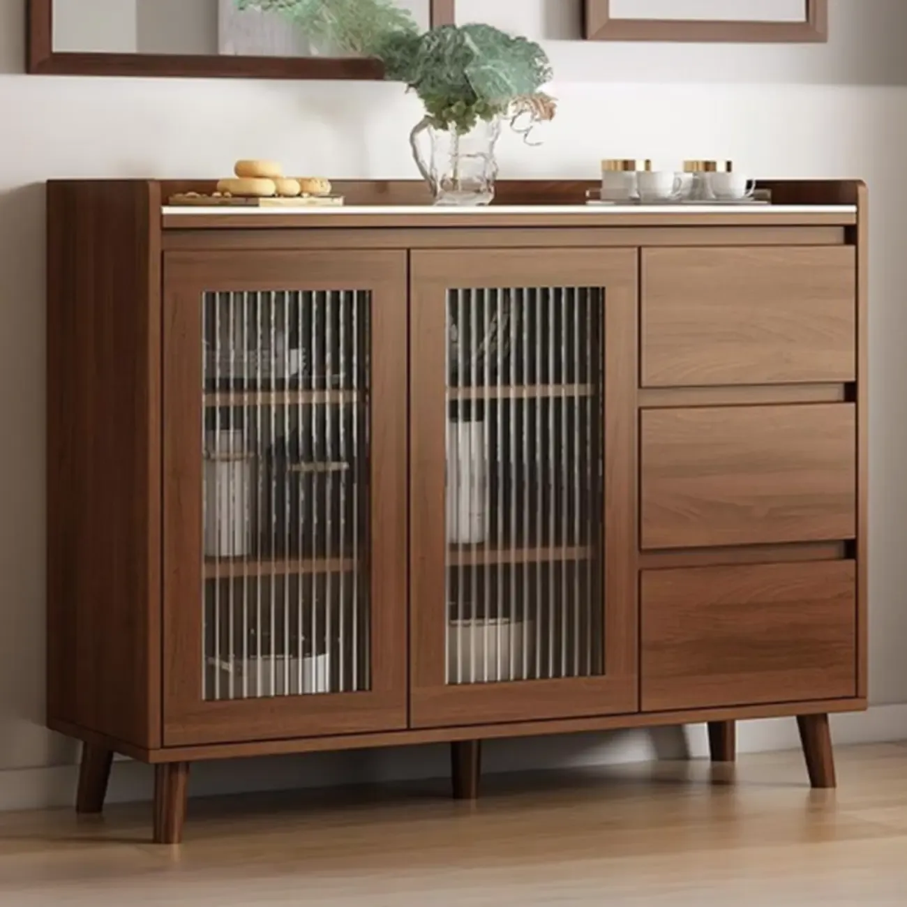 Freestanding Brown Stone-Top Cocoa Wood Sideboard with Doors Image - 3