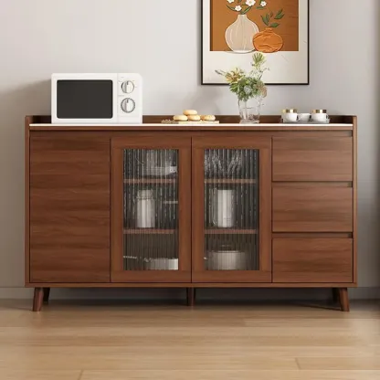 Freestanding Brown Stone-Top Cocoa Wood Sideboard with Doors Image - 4