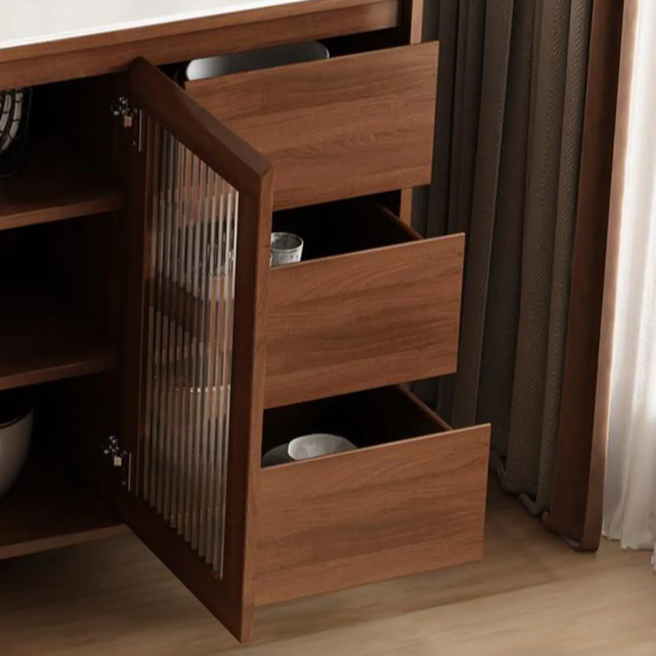 Freestanding Brown Stone-Top Cocoa Wood Sideboard with Doors Image - 10 | homeyfad