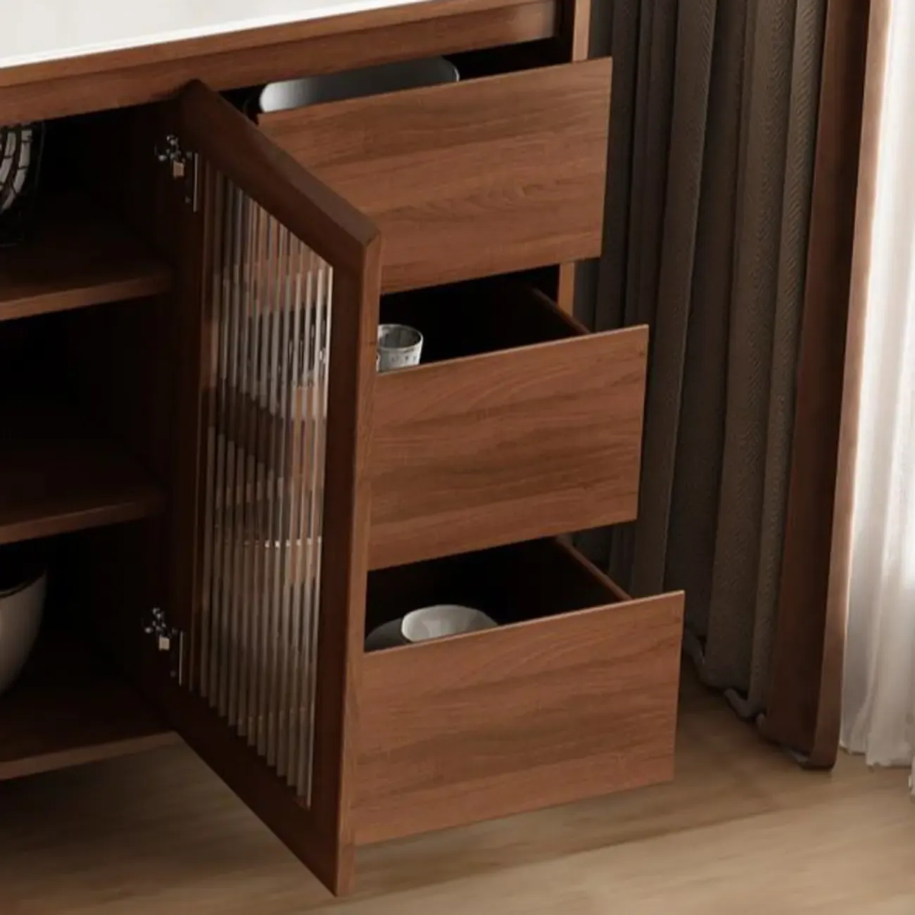 Freestanding Brown Stone-Top Cocoa Wood Sideboard with Doors Image - 10