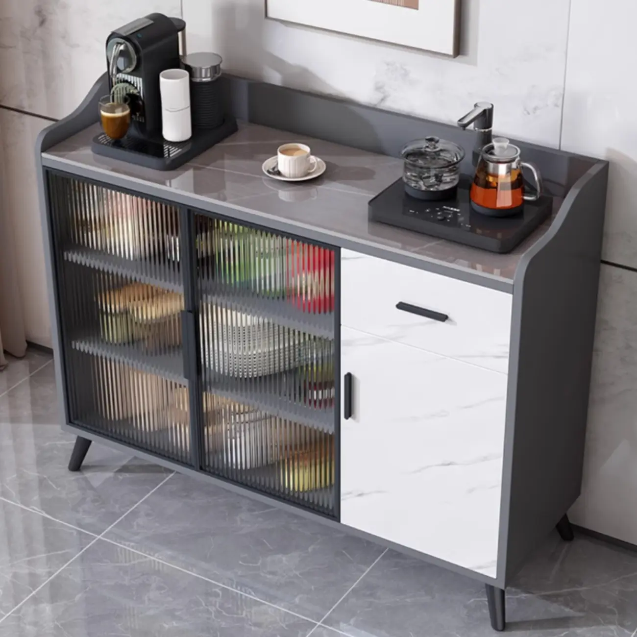 Modish Multi-Compartment Stone-Top Wood Buffet Cabinet Image - 2 | homeyfad