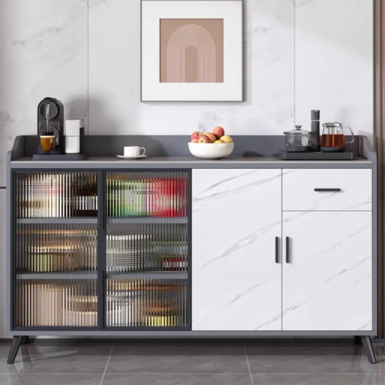 Modish Multi-Compartment Stone-Top Wood Buffet Cabinet Image - 1