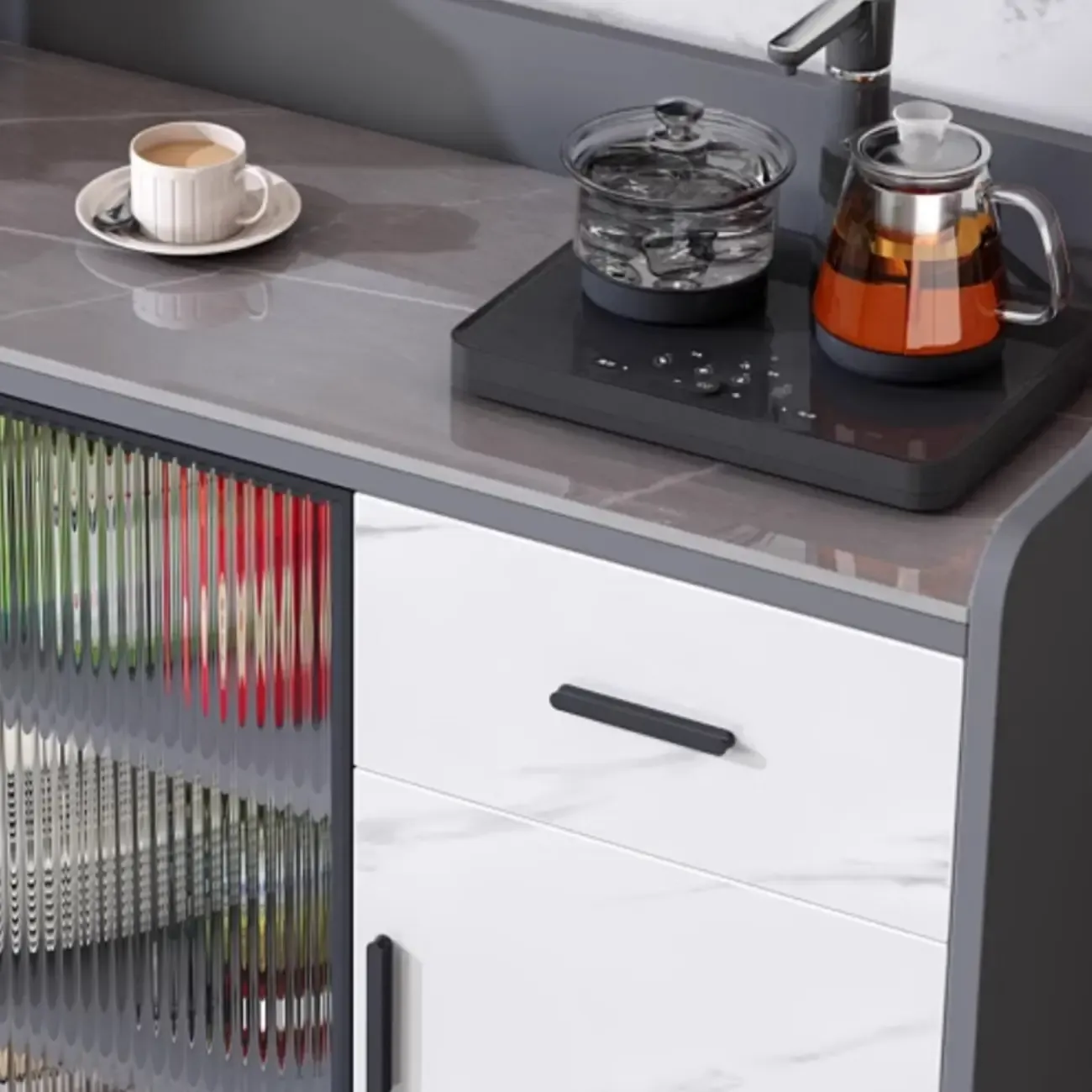 Modish Multi-Compartment Stone-Top Wood Buffet Cabinet Image - 8