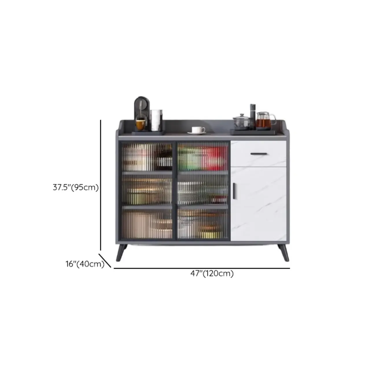 Modish Multi-Compartment Stone-Top Wood Buffet Cabinet Image - 15