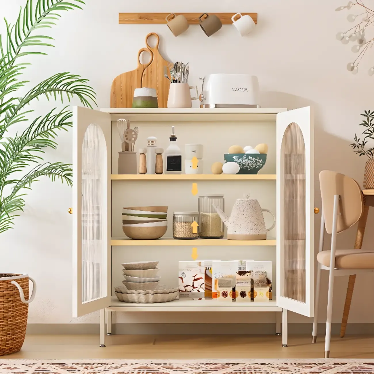 Freestanding Oval Glass Steel Sideboard Cabinet with Doors Image - 2