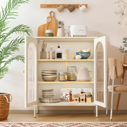 Freestanding Oval Glass Steel Sideboard Cabinet with Doors Image - 2