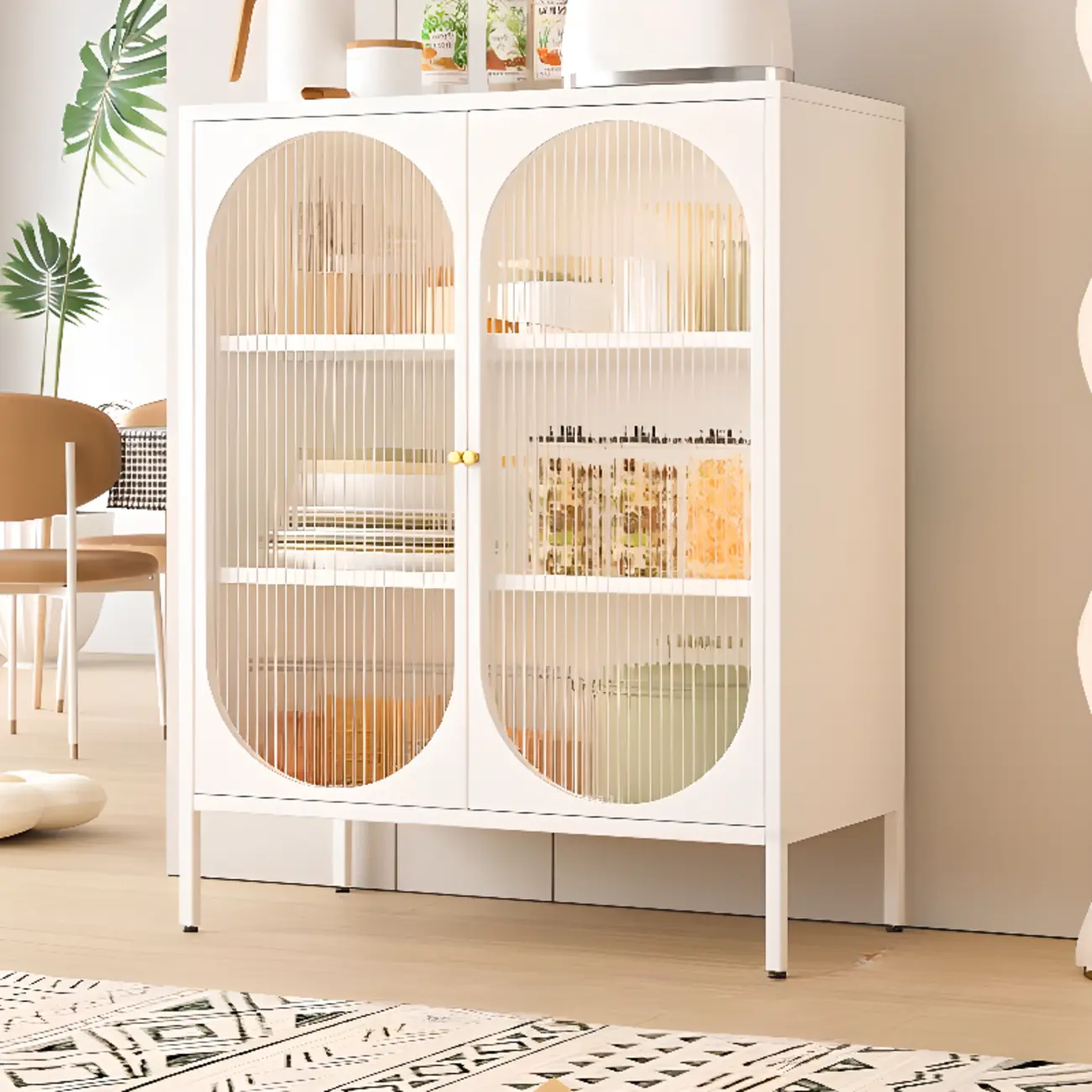 Freestanding Oval Glass Steel Sideboard Cabinet with Doors Image - 3 | homeyfad