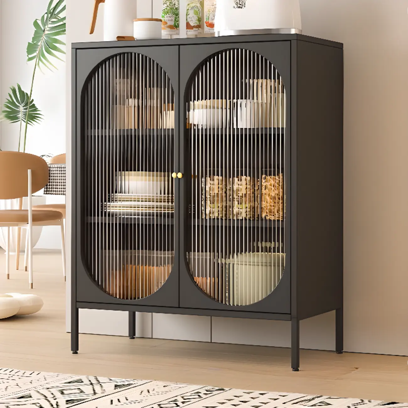 Freestanding Oval Glass Steel Sideboard Cabinet with Doors Image - 1 | homeyfad