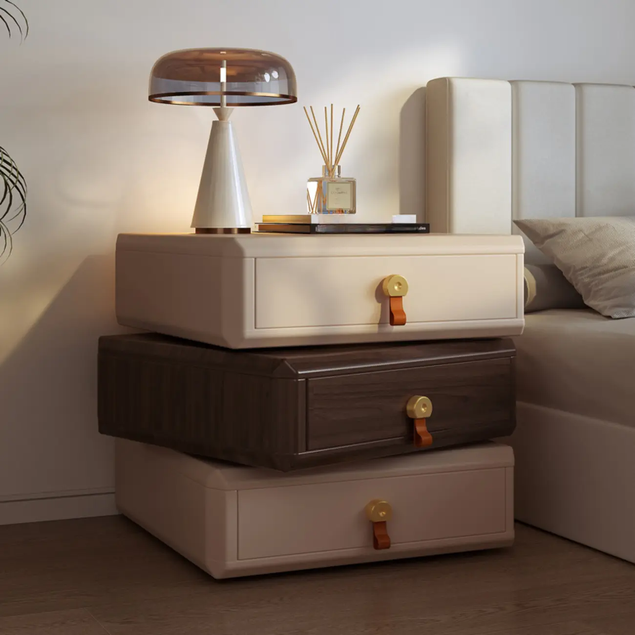 Creative Modern Swivel Beige Wooden 3 Drawers Nightstand Image - 1 | homeyfad