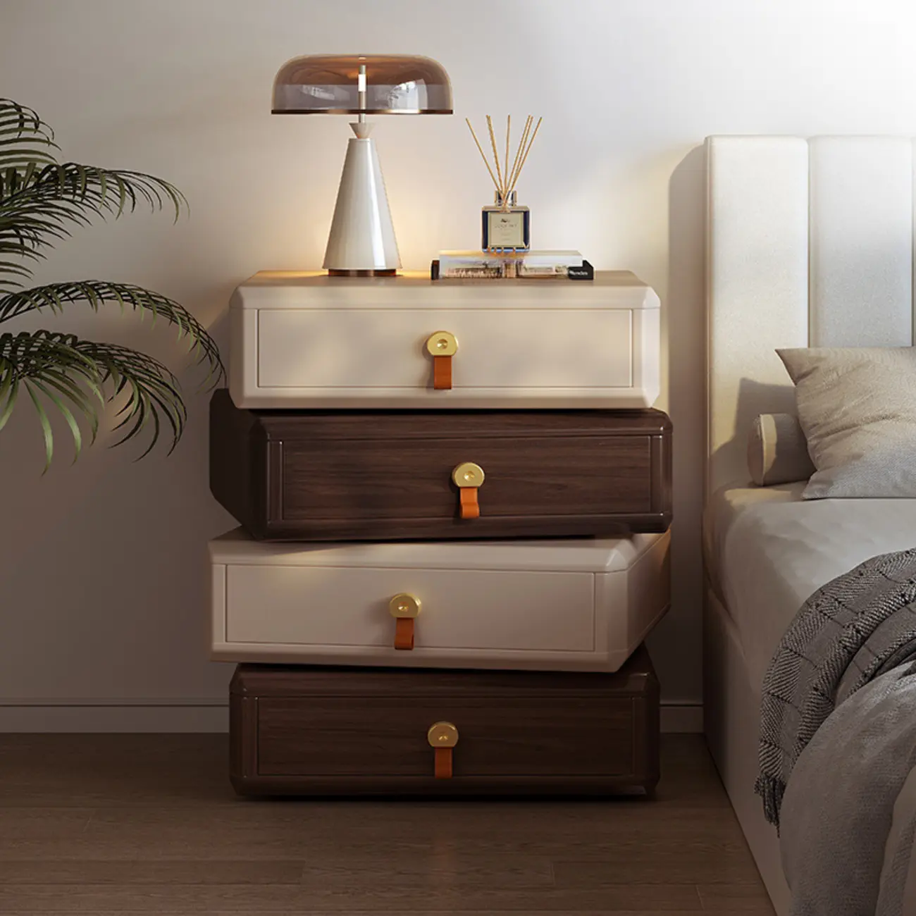 Creative Modern Swivel Beige Wooden 3 Drawers Nightstand Image - 2 | homeyfad
