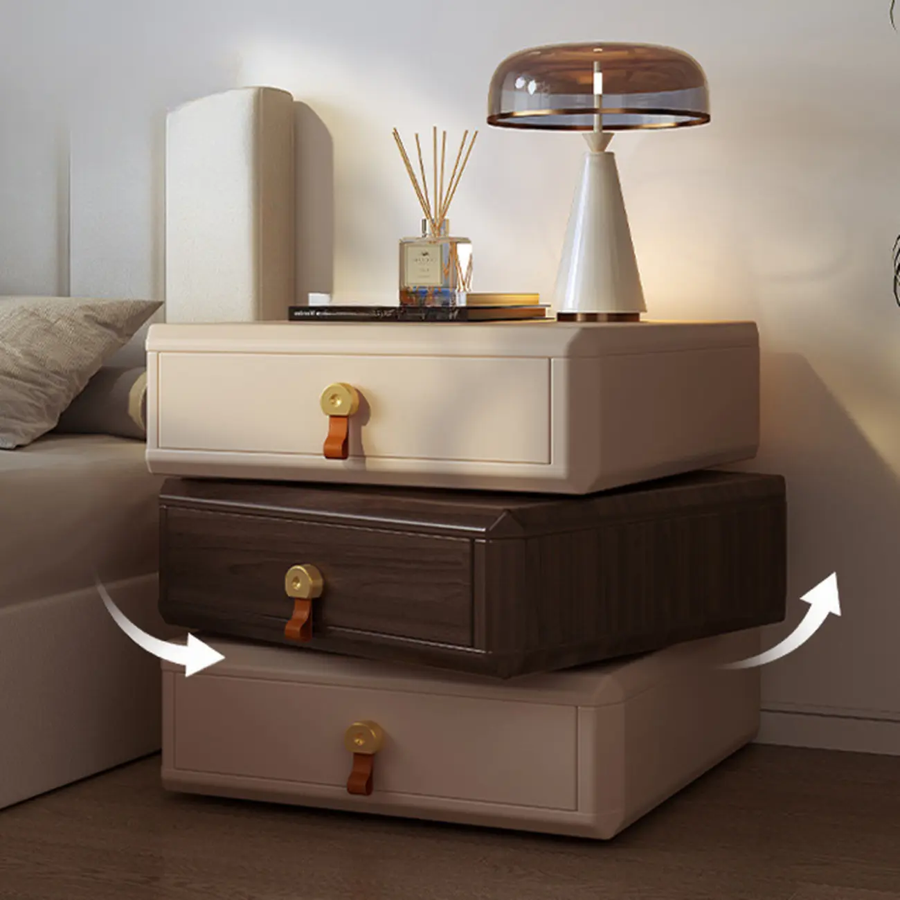 Creative Modern Swivel Beige Wooden 3 Drawers Nightstand Image - 3 | homeyfad