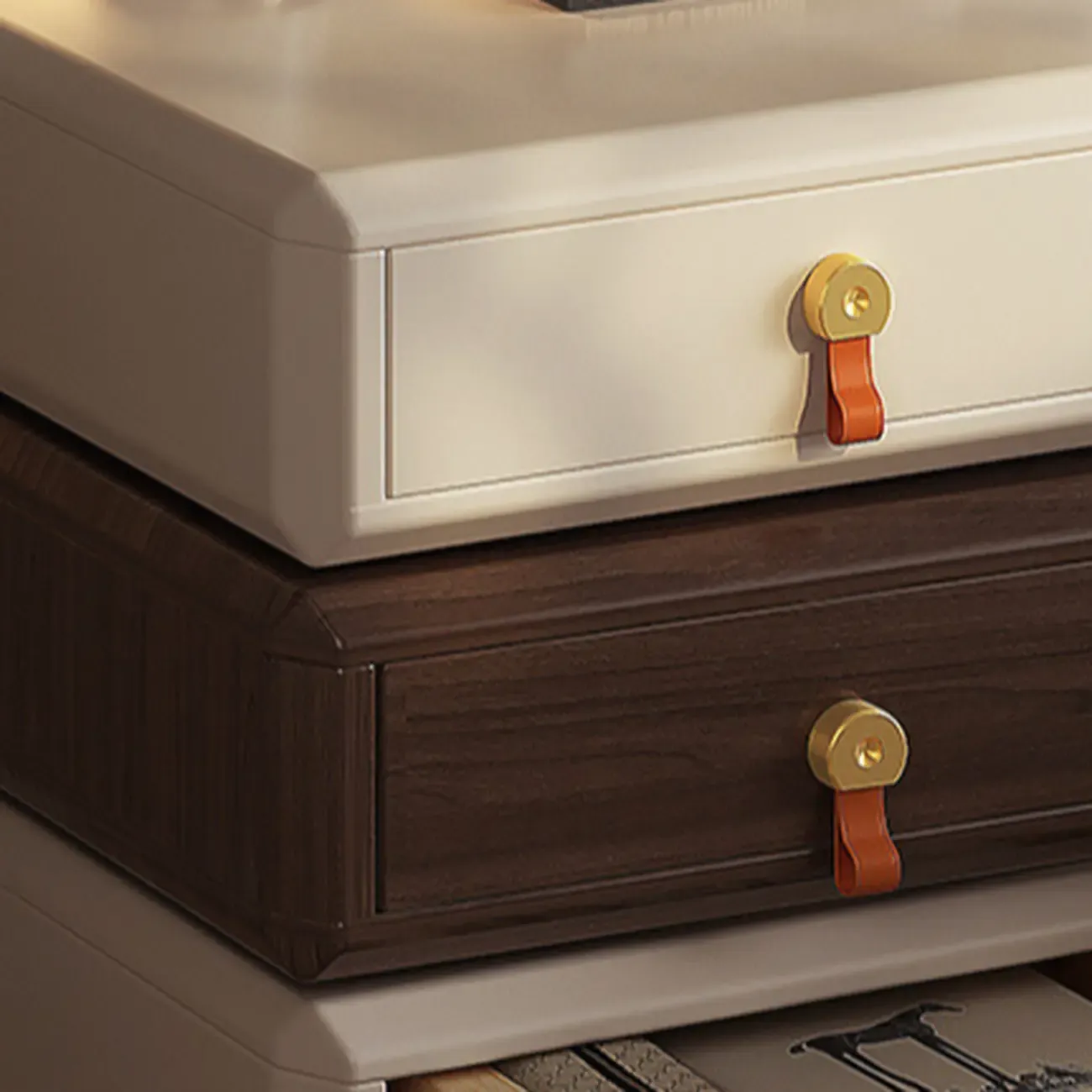 Creative Modern Swivel Beige Wooden 3 Drawers Nightstand Image - 9