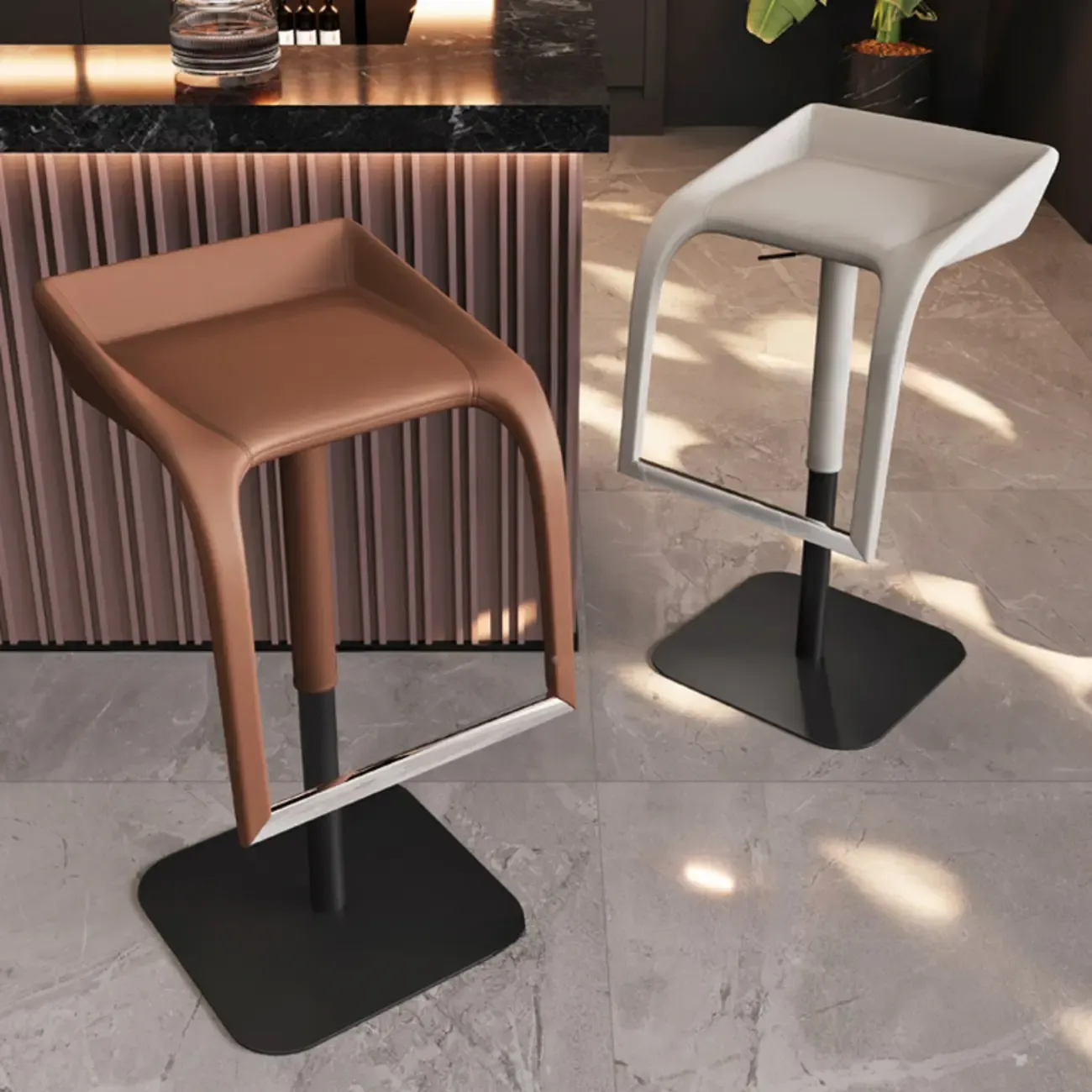 Rectangular Metal Frame Leather Rotating Backless Bar Stool Image - 3