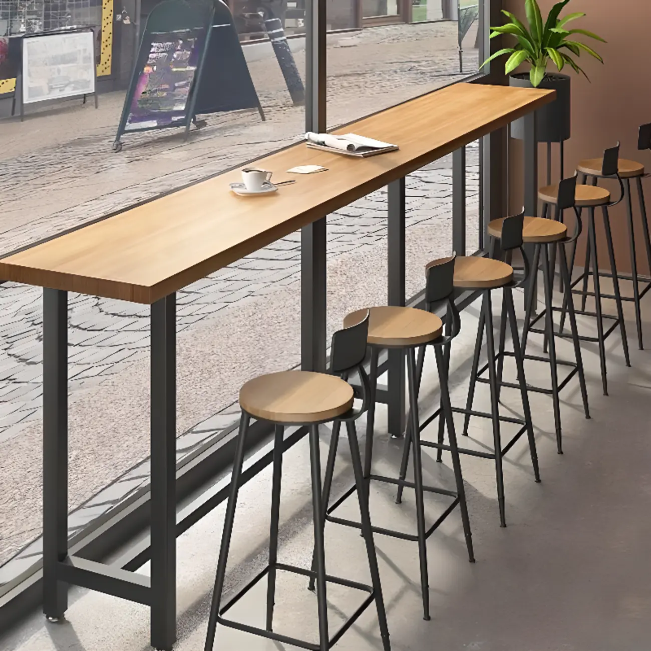 Natural Finish Rectangular Wood Metal Long Trestle Bar Table Image - 1 | homeyfad