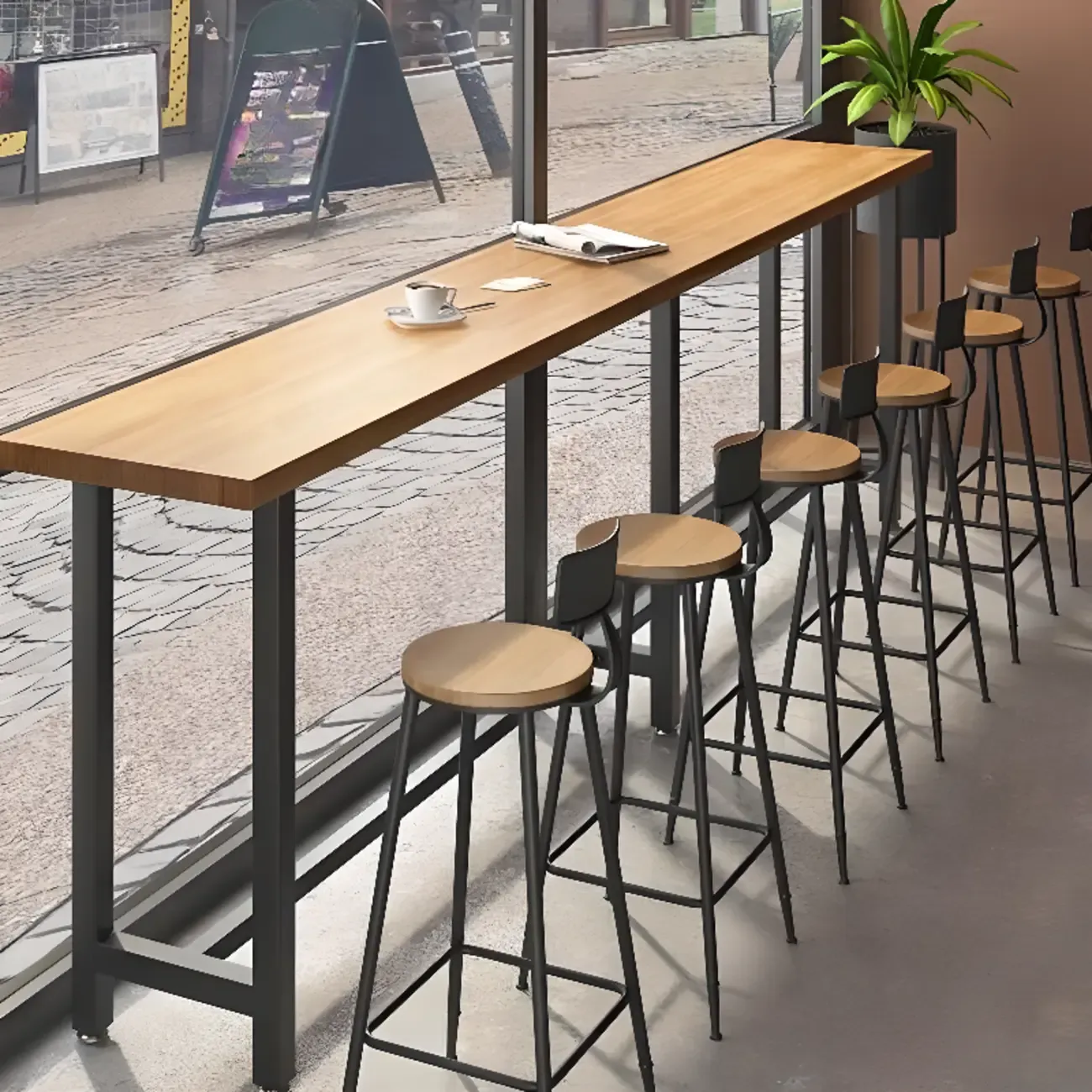 Natural Finish Rectangular Wood Metal Long Trestle Bar Table Image - 1