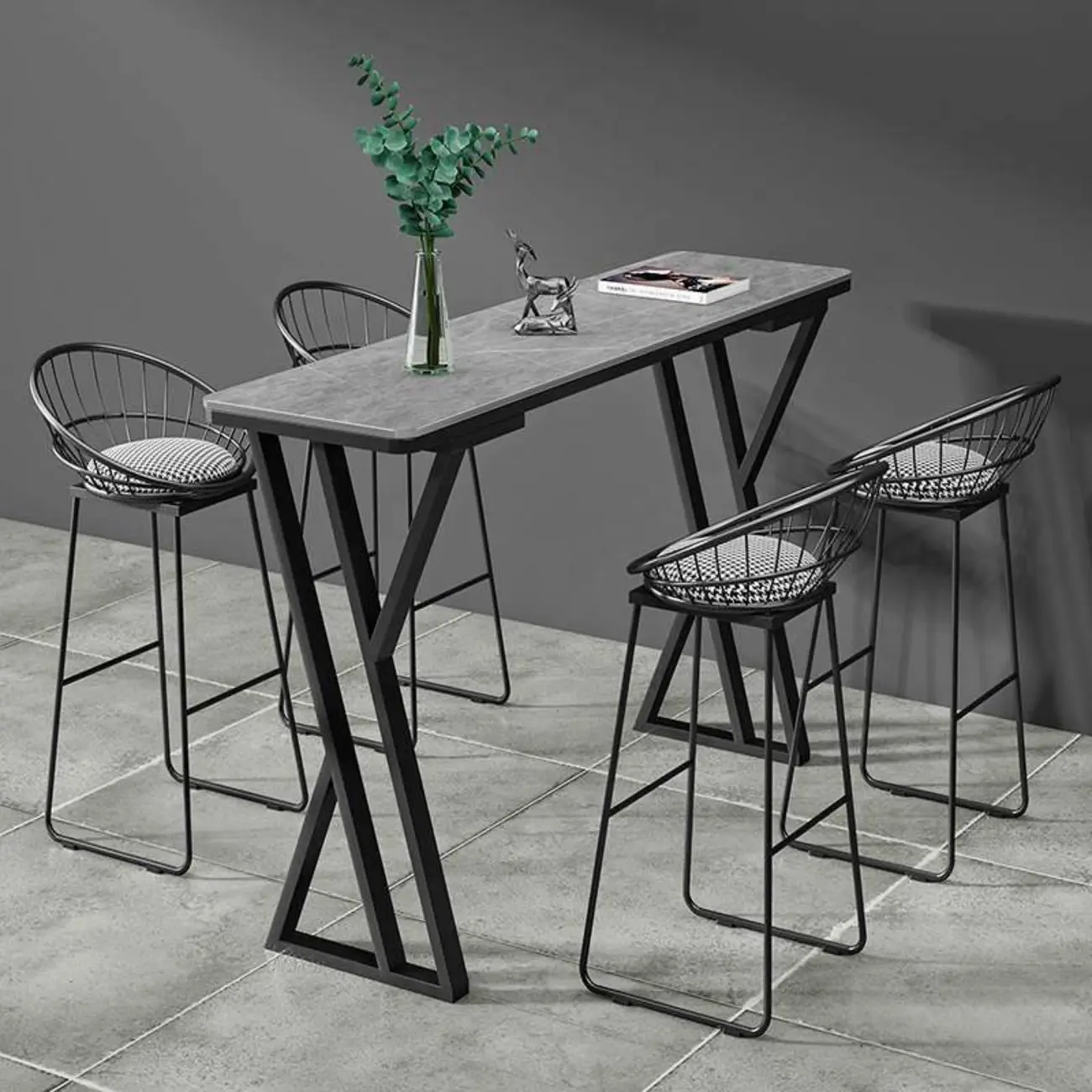 Rectangular Sleek Stone Top Metal Gray Double Pedestal Bar Table Image - 1 | homeyfad
