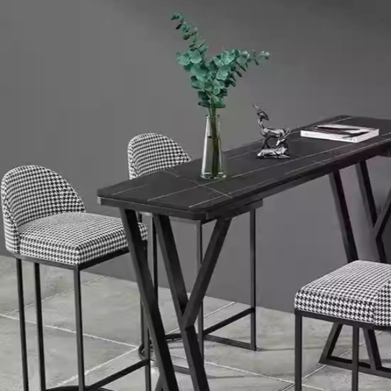 Rectangular Sleek Stone Top Metal Gray Double Pedestal Bar Table Image - 9 | homeyfad