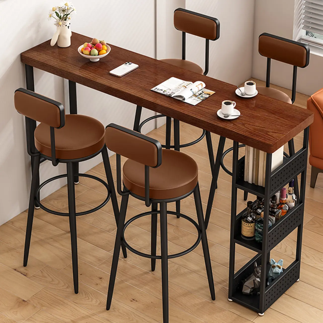 Rectangular Brown Wooden Metal Storage Bar Table Image - 1 | homeyfad