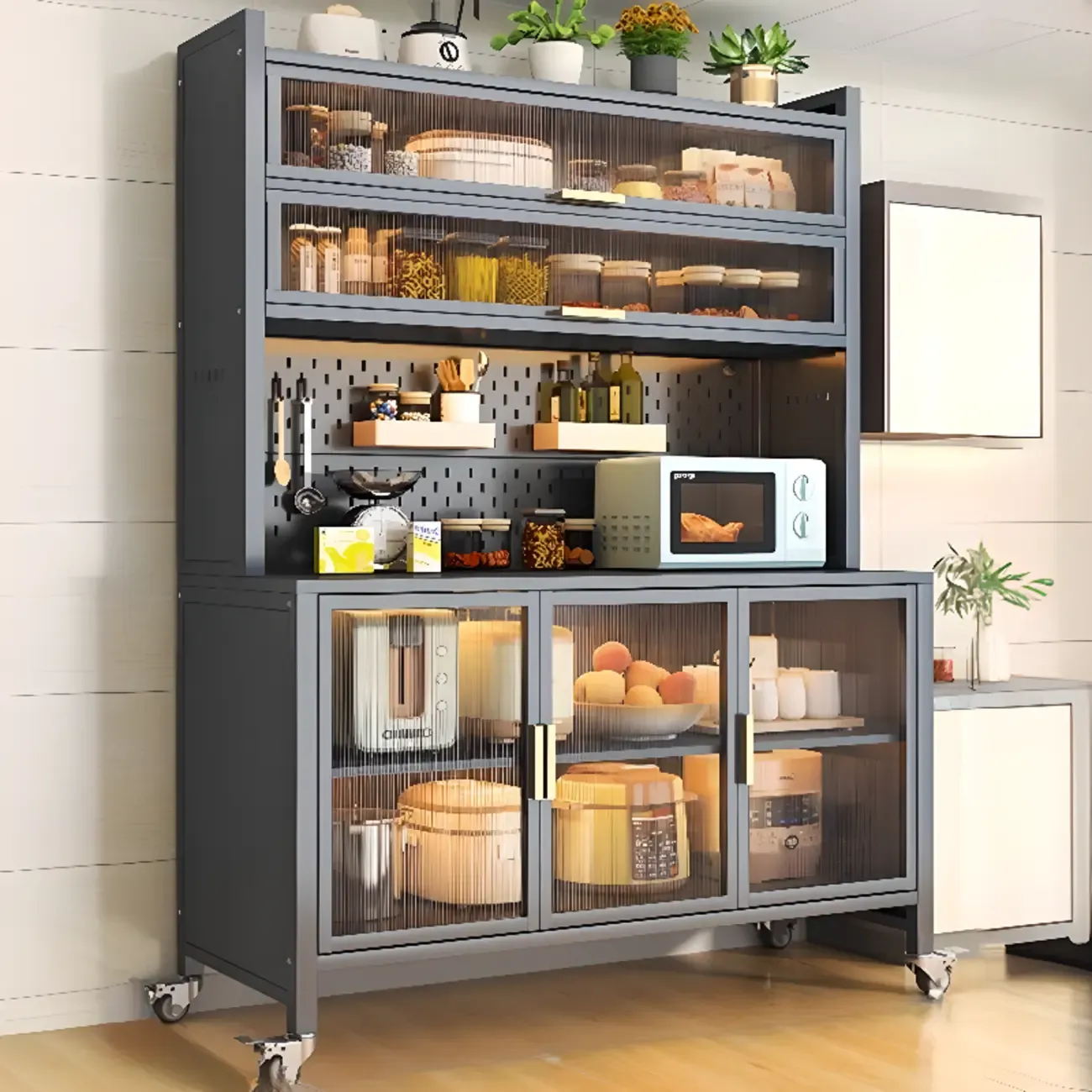 Mobile Metal Open Storage Sideboard with Glass Doors Image - 9