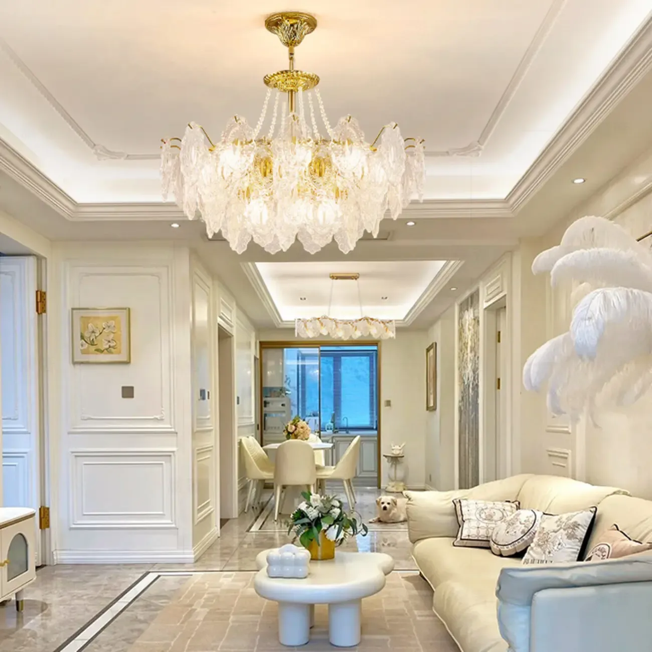 Luxurious Gold Crystal Leaf Round Pendant Chandelier Image - 2