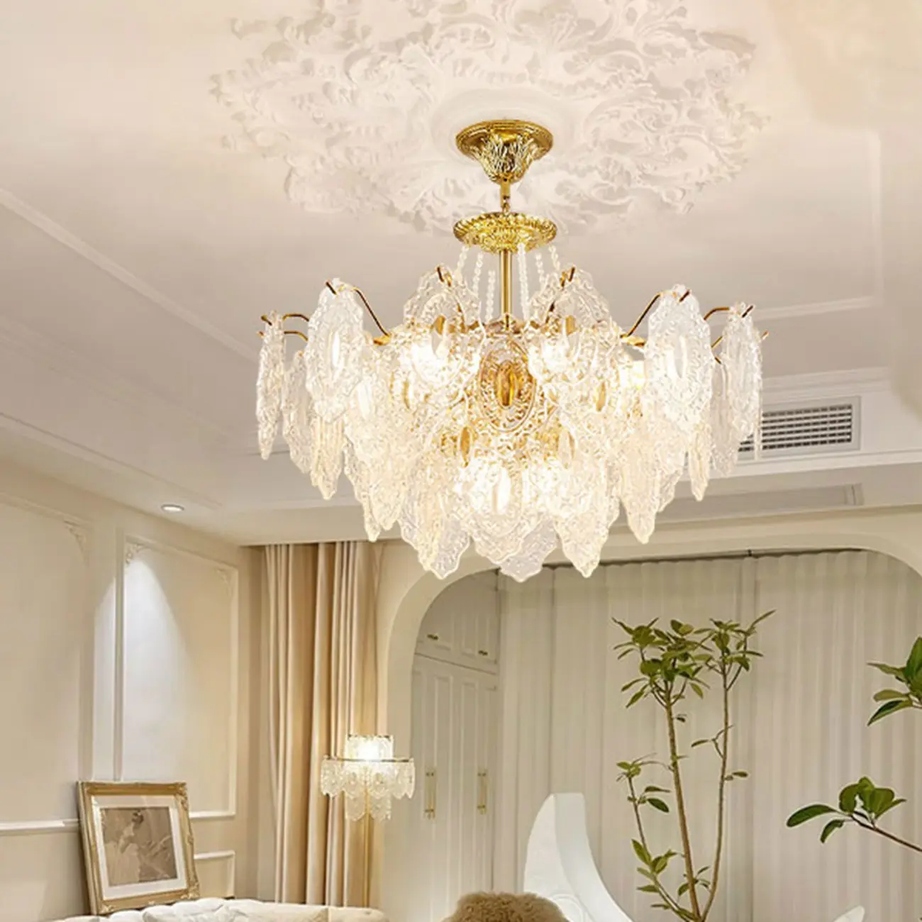 Luxurious Gold Crystal Leaf Round Pendant Chandelier Image - 5 | homeyfad