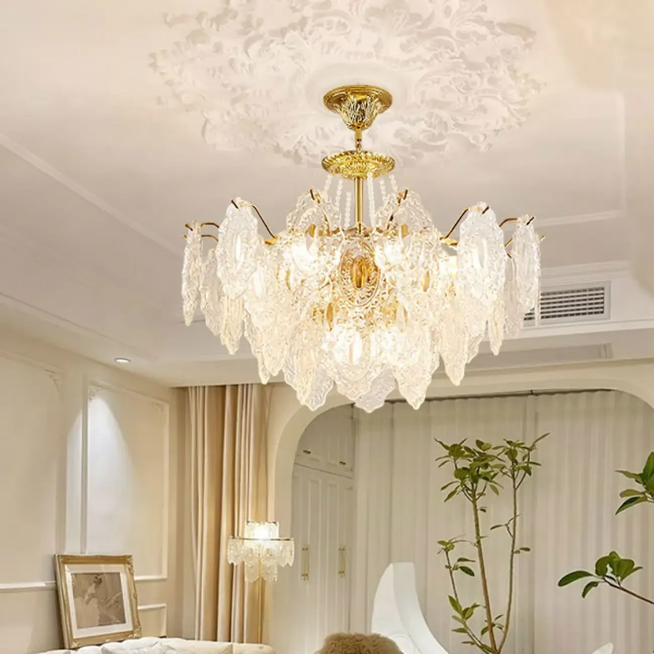 Luxurious Gold Crystal Leaf Round Pendant Chandelier Image - 5