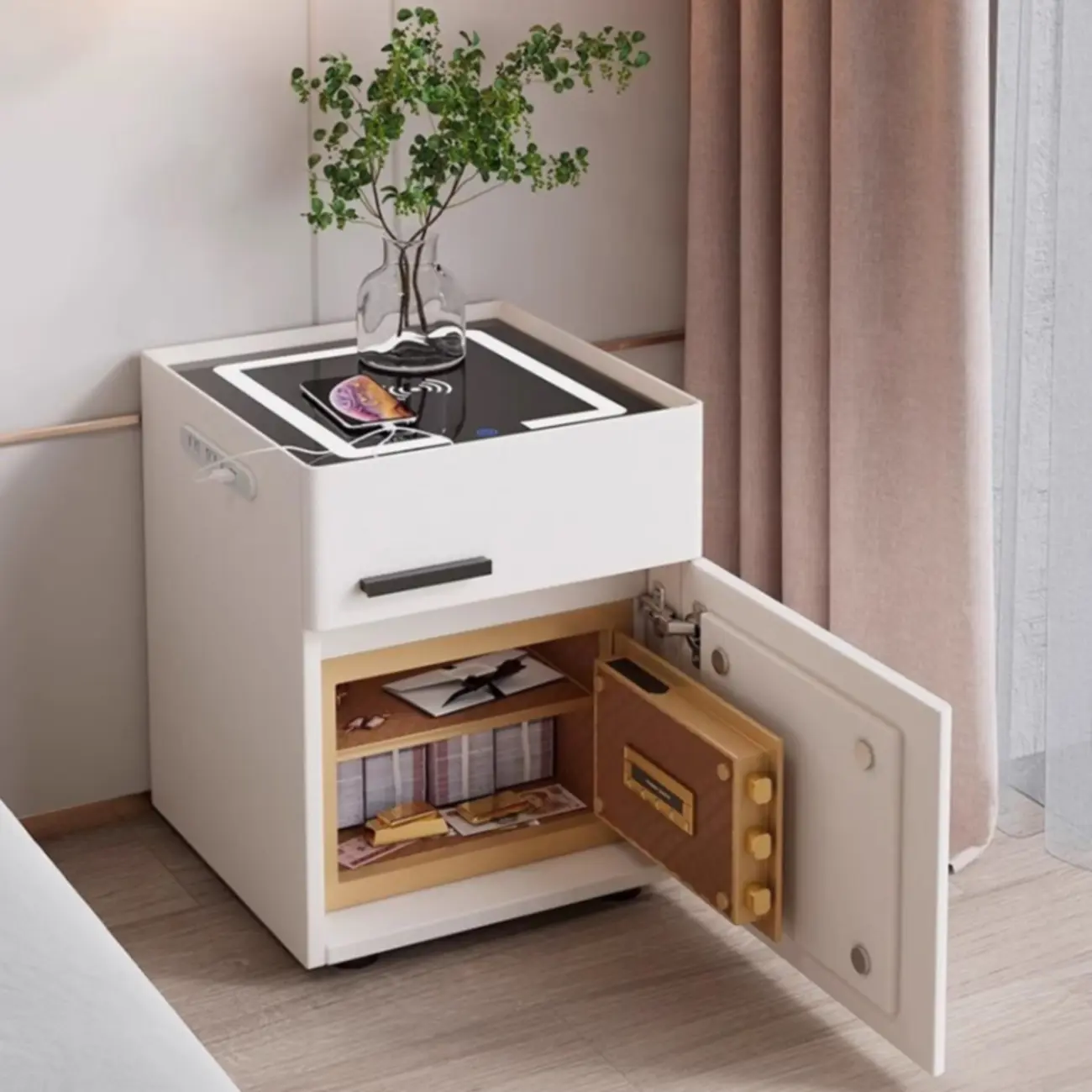Minimalist Smart White Stone-Top Wood Nightstand Rechargeable Image - 1 | homeyfad