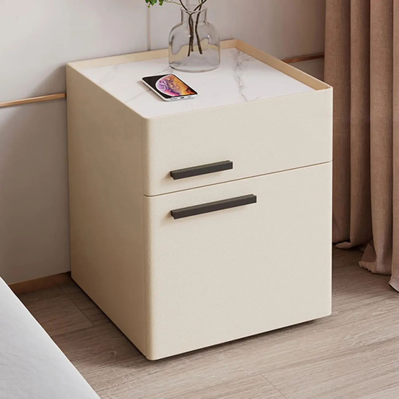 Minimalist Smart White Stone-Top Wood Nightstand Rechargeable Image - 2 | homeyfad