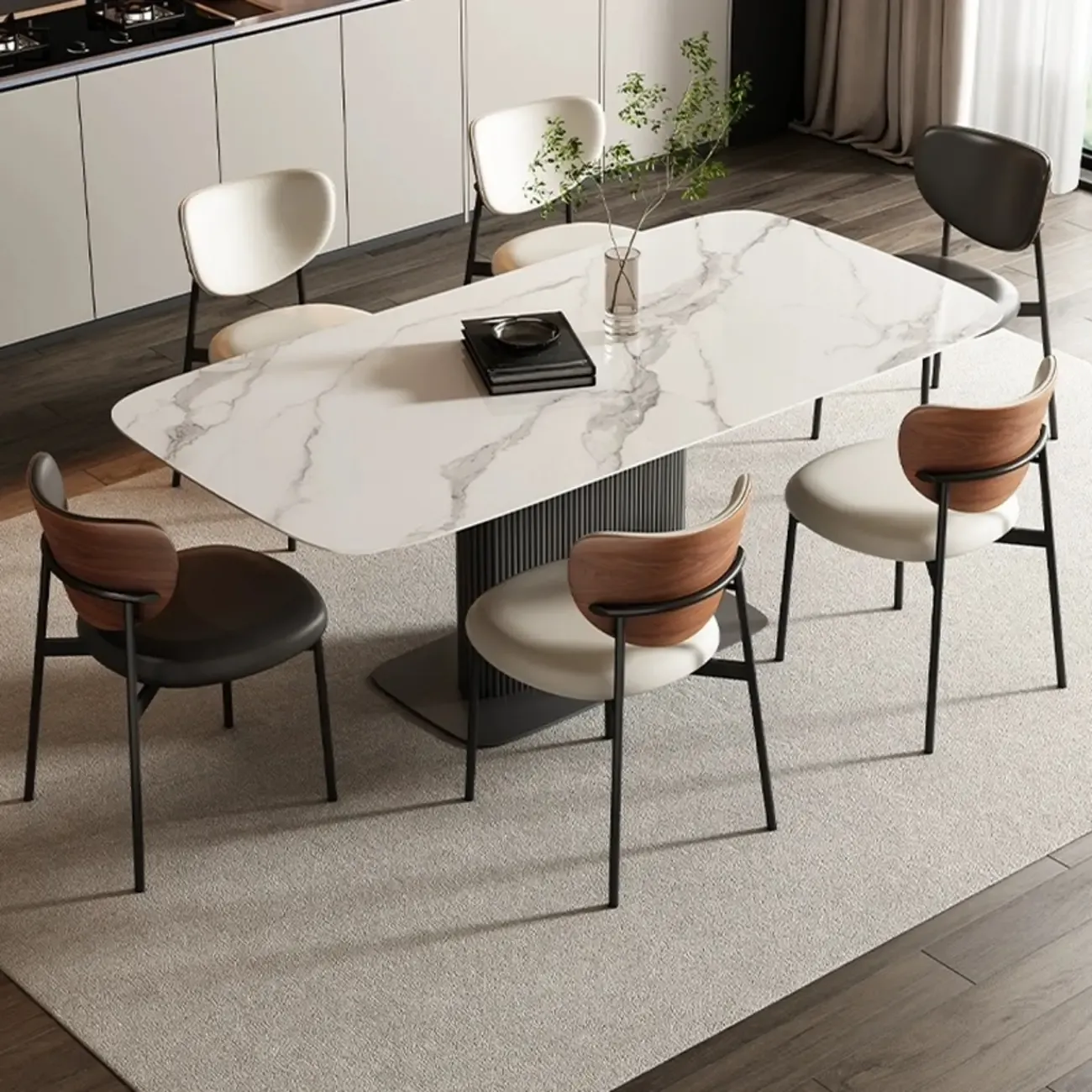 Mid-Century Modern Curved Back Leather Dining Chairs Image - 2