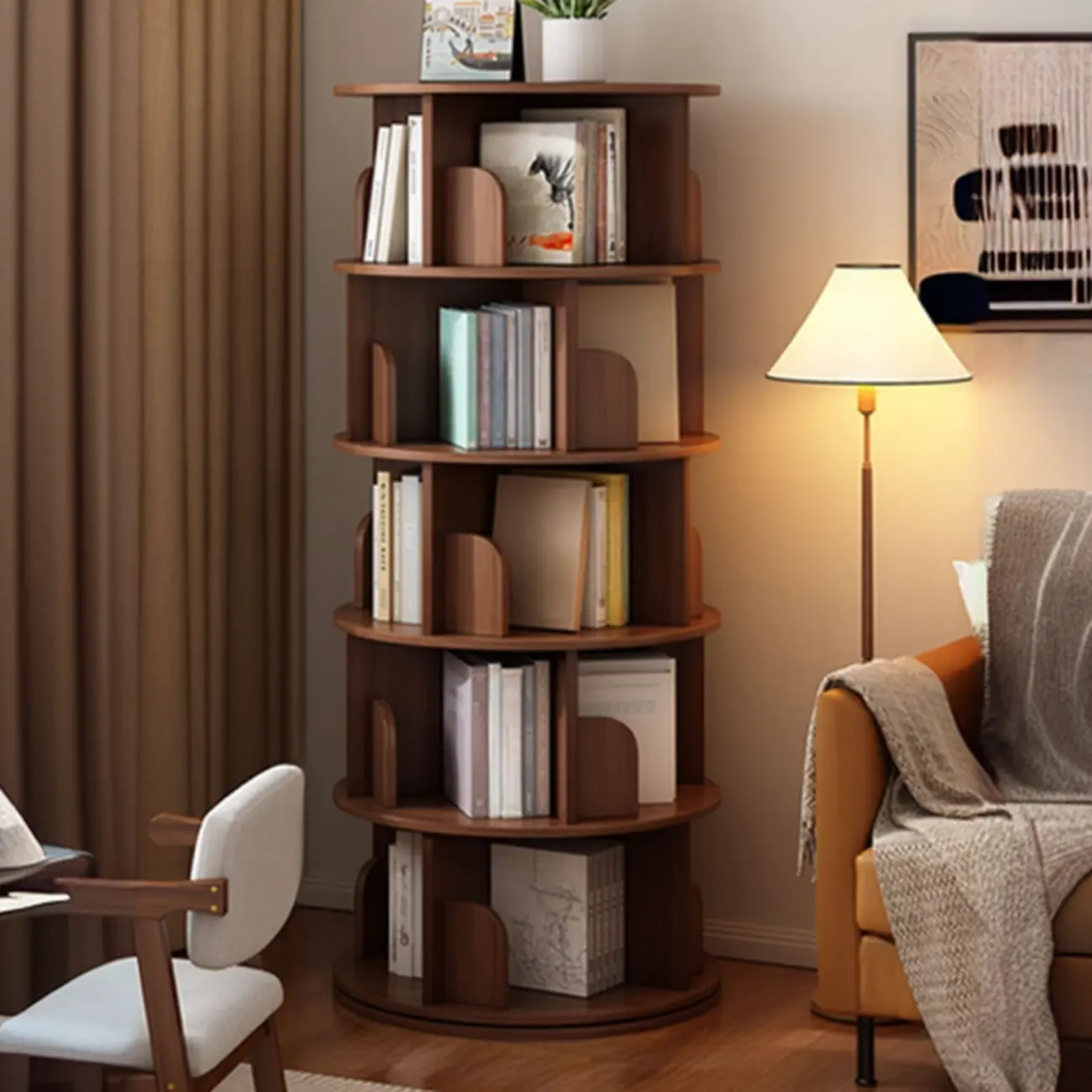 Brown Cylindrical Wooden Rotating Open-Back Bookcase | homeyfad